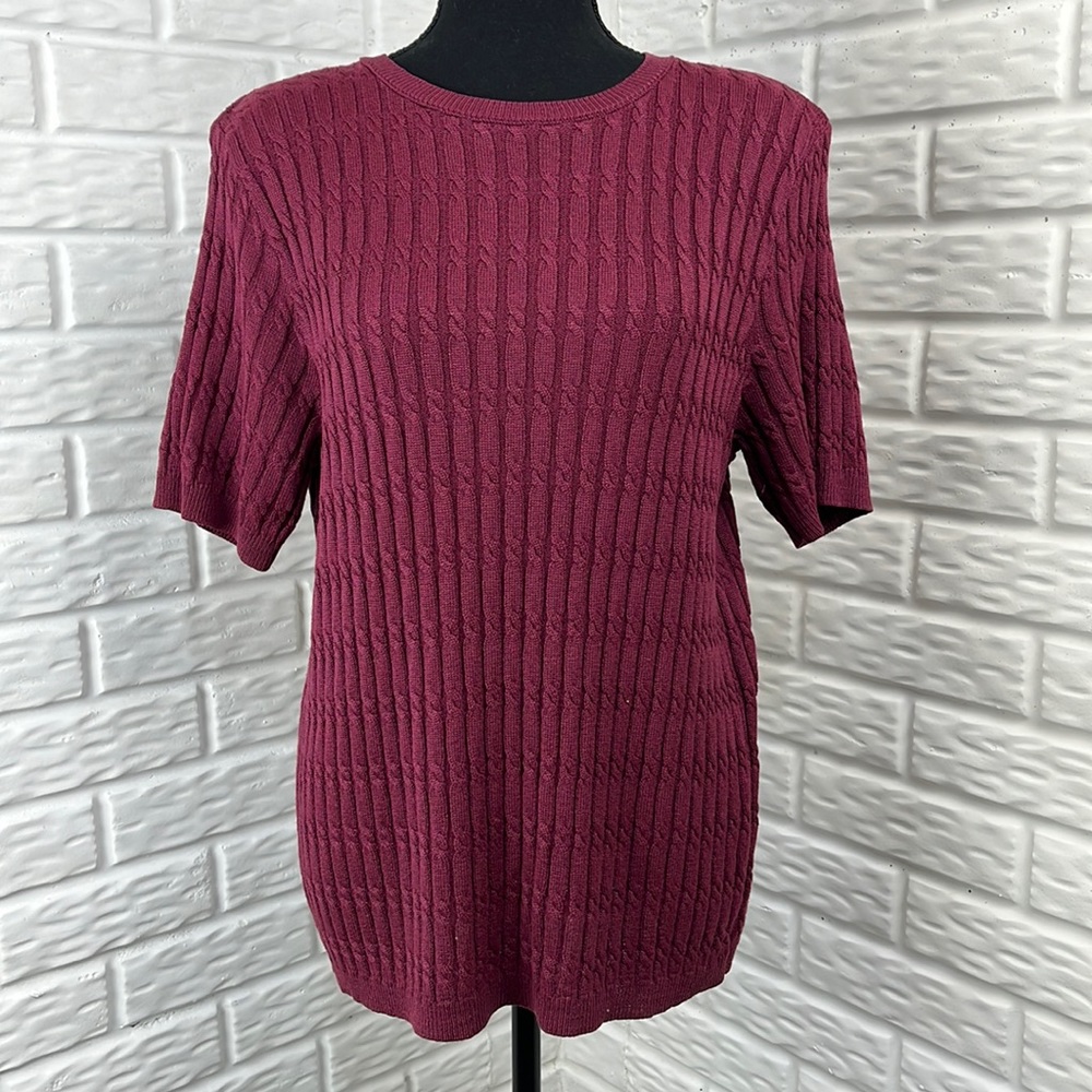 Alfred Dunner made in USA Cable knit sweater plum short sleeve wine size medium